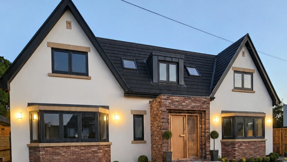 A detached house in Hale Barns finished in white monocouche render with a brick plinth, photographed at dusk