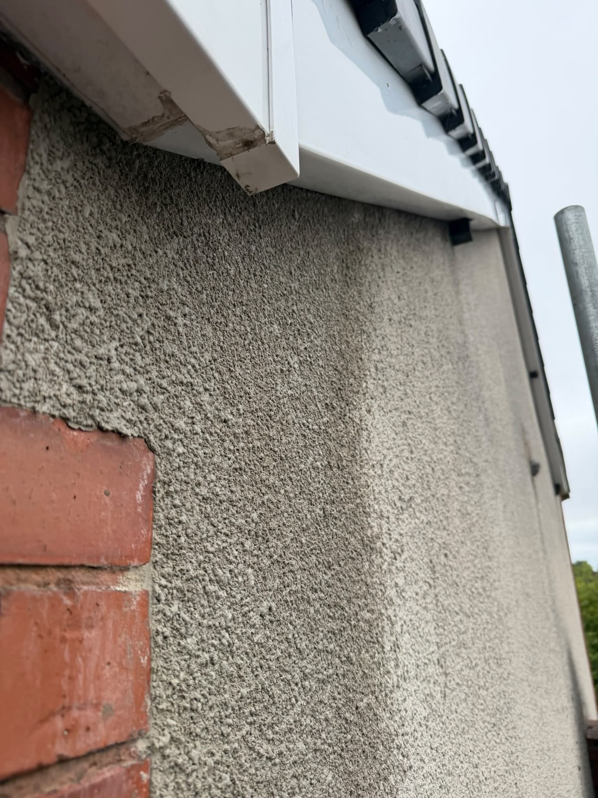 Close-up showing the repaired render texture matched to the surrounding wall